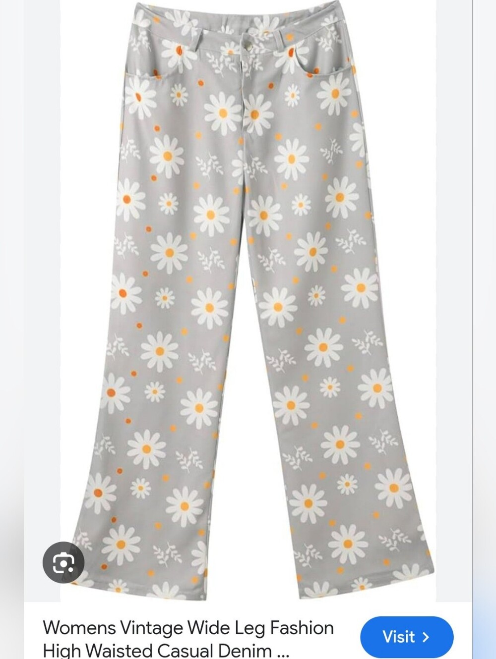 Gray Wide-Leg Pants with White & Yellow Daisy Print